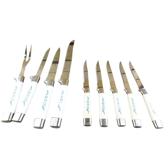 Vintage Regent Sheffield Carving Set and Steak Knives Blue Cornflower Print READ - Picture 1 of 8